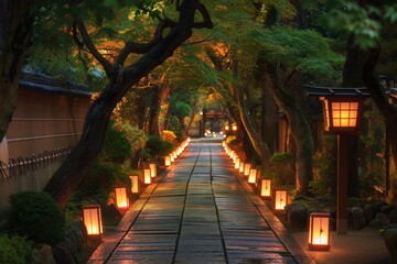 A walkway adorned with lit lanterns provides ambient lighting in the darkness of the night, Tree alley gently lit by lanterns in a tranquil Japanese park, AI Generated