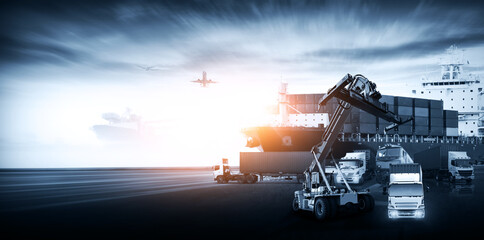 Global business of Container Cargo freight train for Business logistics concept, Air cargo trucking, Rail transportation with Big data visualization graphic graph and chart information business