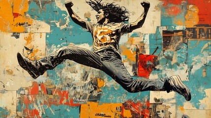 Fototapeta premium Collage sketch poster of a funky nice man jumping with a fist raised, set on a detailed and imaginative background