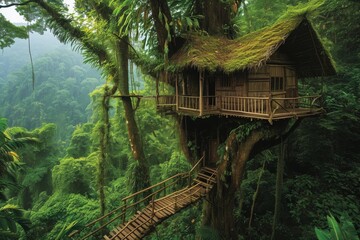 A tree house nestled in the heart of a lush green forest, surrounded by tall trees and vibrant foliage, Tree house in a verdant rainforest, AI Generated