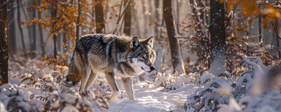 Sly wolf prowling through a snowy forest, 4K hyperrealistic photo