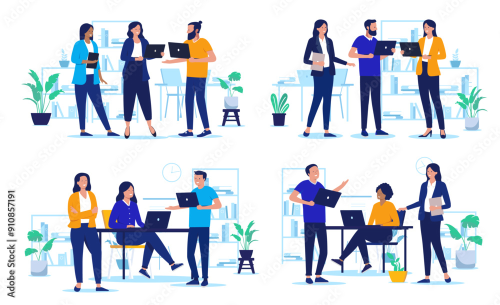 Fototapete People working on computers vector collection - Set of illustrations with team of businesspeople using laptops working and talking together in office. Flat design graphics with white background
