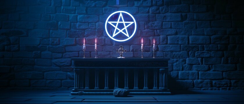 A cryptic altar with supernatural symbols glowing in the shadows, realism, high detail, eerie lighting, uncanny ambiance