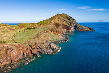 Fototapeta premium Beautiful volcanic rocky coast of Atlantic ocean on Ponta de Sao Lourenco on Madeira island, Aerial wide shot