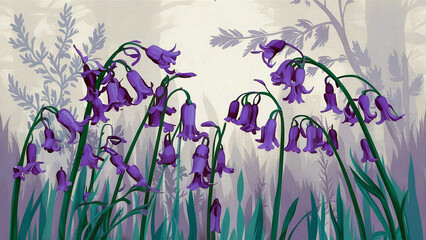 Stunning minimalist image of vibrant bluebell flowers with a soft woodland background, capturing the serene essence of spring in a delicate and elegant composition. 