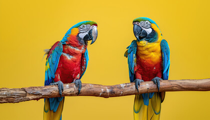 Two Beautiful plumage vibrant vivid colors Macaws Parrots standing wooden branch isolated over yellow background