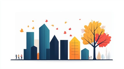 Fototapeta premium An abstract cityscape with skyscrapers, colorful trees, and falling leaves, capturing the essence of urban autumn beauty.