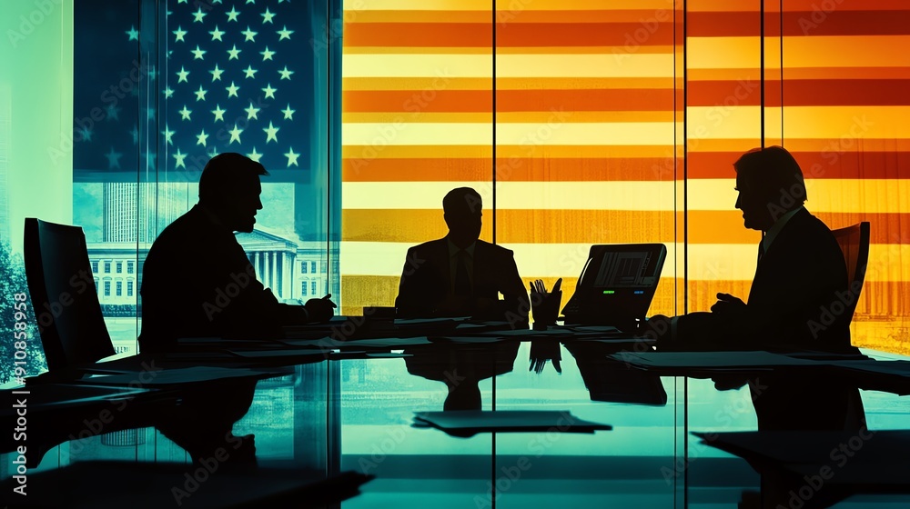 Wall mural silhouetted figures in a corporate meeting against an american flag backdrop, symbolizing patriotism