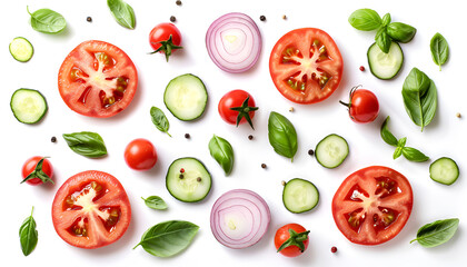 Creative layout made of tomato slice, onion, cucumber, basil leaves. Flat lay, top view. Food...