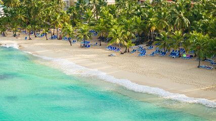 Dominican Republic, Aerial view of dominicus beach at morning, crystal clear sea and beautiful...