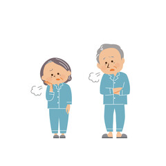 パジャマを着たシニア男性とシニア女性のかわいいイラスト 悩む