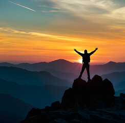 man on top of the mountain reaching his objective	