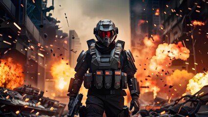 Fototapeta premium Armored soldier in intense combat zone with fire and explosions, action movie poster. Generative AI