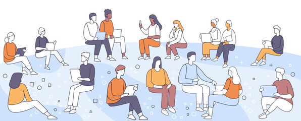 People using laptops and tablets sitting together minimalistic style line art illustration. Group of diverse individuals working on digital devices abstract background