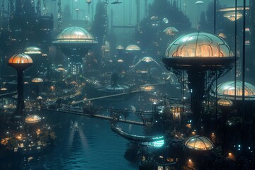 A Futuristic City at Night With Dazzling Lights, Underwater city with futuristic biodome buildings, AI Generated