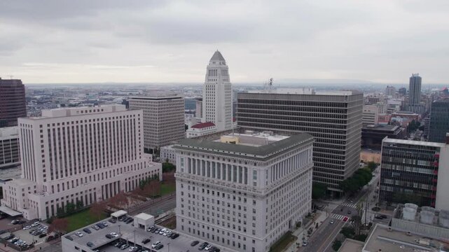 Drone Shot of Los Angeles City Hall, US Courthouse and Hall of Justice Buildings, California USA