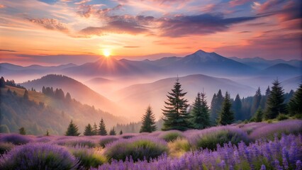Obraz premium Whispers of Lavender and Rose: A Serene Mountain Sunset Generative AI