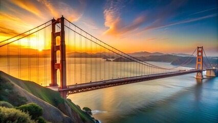 Obraz premium A Stunning Perspective of the Golden Gate Bridge Bathed in the Warm Glow of Sunrise Generative AI