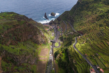 Intersection of highway and tunnels on Madeira island in countryside, transport infrastructure of...