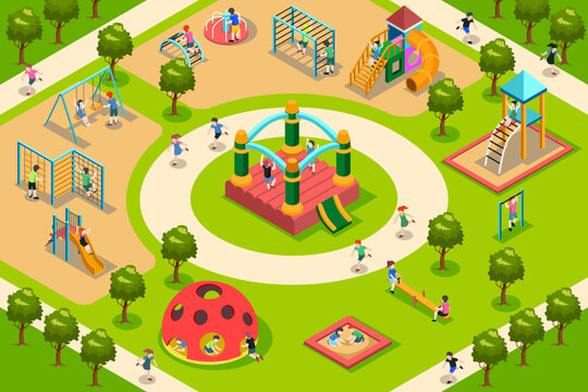 Isometric Map of Kids Playing in a Playground Vector Illustration