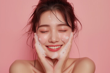 Asian woman washing her face