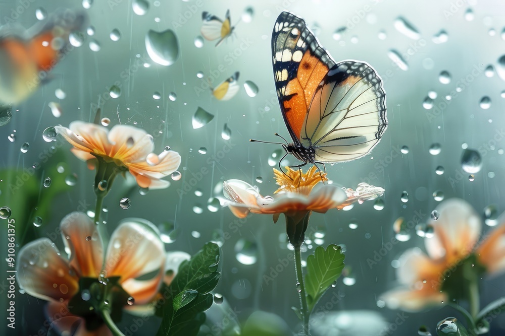 Poster spring rain hitting window frames, butterflies dancing gracefully. generative ai.