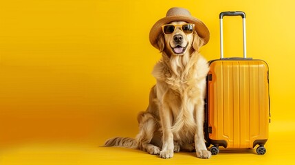 Golden retriever dog in hat and sunglasses sitting with suitcase on yellow background. Copy space.