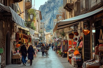 Obraz premium This photo captures the lively scene of a narrow street filled with various shops and a multitude of people walking down it, Valentineâ€™s day street market in a picturesque Italian town, AI Generated