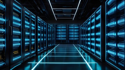 Fototapeta premium A large room with many blue computer servers