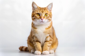 Fototapeta premium A cat with a yellow face is sitting on a white background. The cat has a very cute and friendly expression