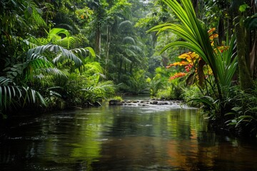 A river runs through a dense, vibrant green forest, showcasing the vibrant colors and natural beauty of the landscape, Variety of vibrant vegetation along a rainforest river, AI Generated