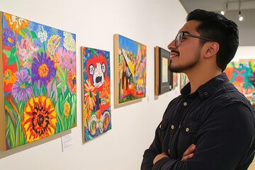 Fototapeta premium Man showcasing Hispanicthemed artwork in a gallery, celebrating artistic contributions during Hispanic Heritage Month