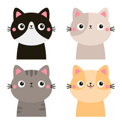 Fototapeta premium Cat set. Round face head icon set. Different breeds, colors and patterns, emotions. Cute kitten, kitty. Cartoon kawaii funny baby character. Sticker print. Flat design. White background. Vector