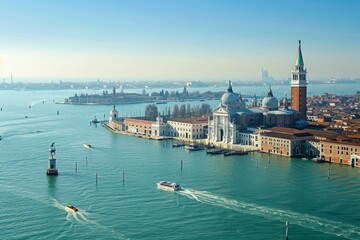 Obraz premium This photo captures a city situated on the edge of a vast body of water, creating a striking contrast between urban and natural landscapes, Venetian lagoon and city skyline from above, AI Generated