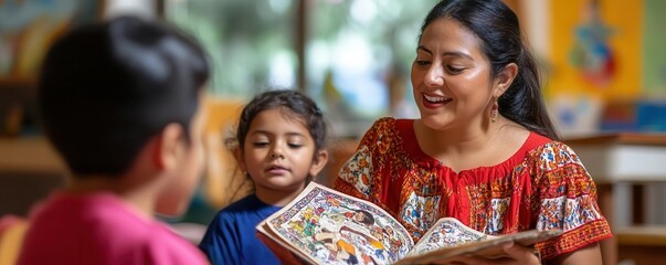 Woman sharing traditional Hispanic stories with children, celebrating cultural heritage during Hispanic Heritage Month