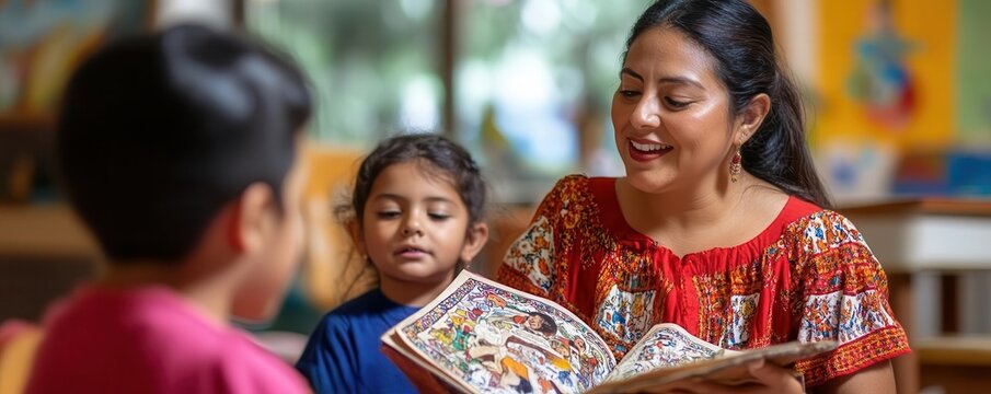 Woman sharing traditional Hispanic stories with children, celebrating cultural heritage during Hispanic Heritage Month - Powered by Adobe