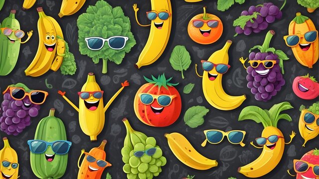quirky fruit and vegetable characters in center stage on wallpaper banana sporting sunglasses goof.