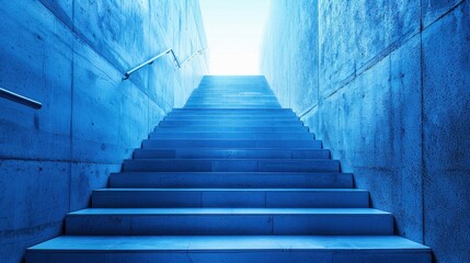Fototapeta premium Abstract image of a blue stairway leading to a bright light, symbolizing hope and progress in a modern setting.