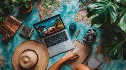 View of a travel agency planning vacation packages in a digital workspace., 