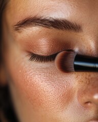 Close-up of a woman applying makeup with a brush, showcasing beauty, skincare, and artistry.