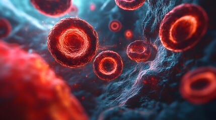 Poster showing anemia through a mix of body cells, emphasizing the deficiency in red blood cells on a complex scientific backdrop