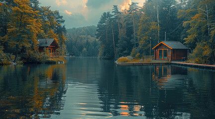 Calm lake surrounded by dense forests and cozy lakeside cottages. Generative AI.