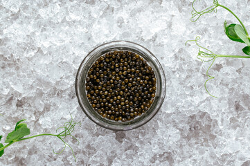 black sturgeon caviar in a glass jar on ice