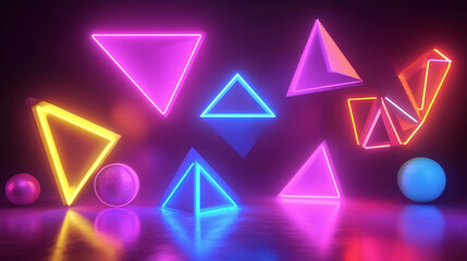 Geometric 3D shapes in bright neon colors, retro geometric 3D background, vibrant and eye catching