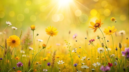 Vibrant Yellow Background with Delicate Wildflowers  Generative AI