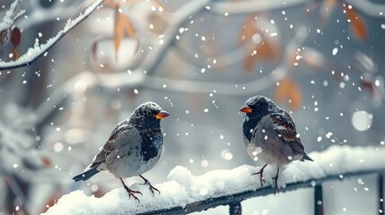 Snowfall enveloping a winter scene with two birds perched on branches. Generative AI.