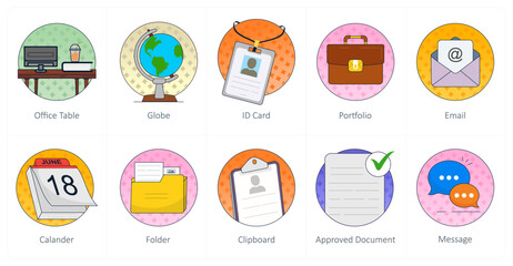 A set of 10 Mix icons as office table, globe, id card