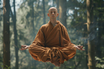Bald buddhist monk sitting cross legged in lotus position in the air levitating meditation in zen in the forest. Self-discipline, isolation from people, connection with the higher mind concept