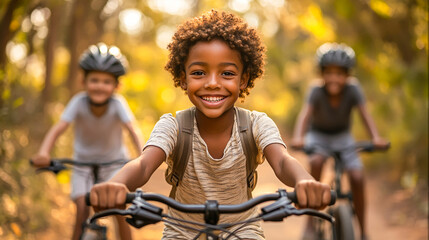 Fototapeta premium Family Fun: Parents and Children Enjoying Biking Adventure in Scenic Park