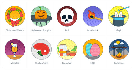 A set of 10 Mix icons as christmas wreath, halloween pumpkin, skull